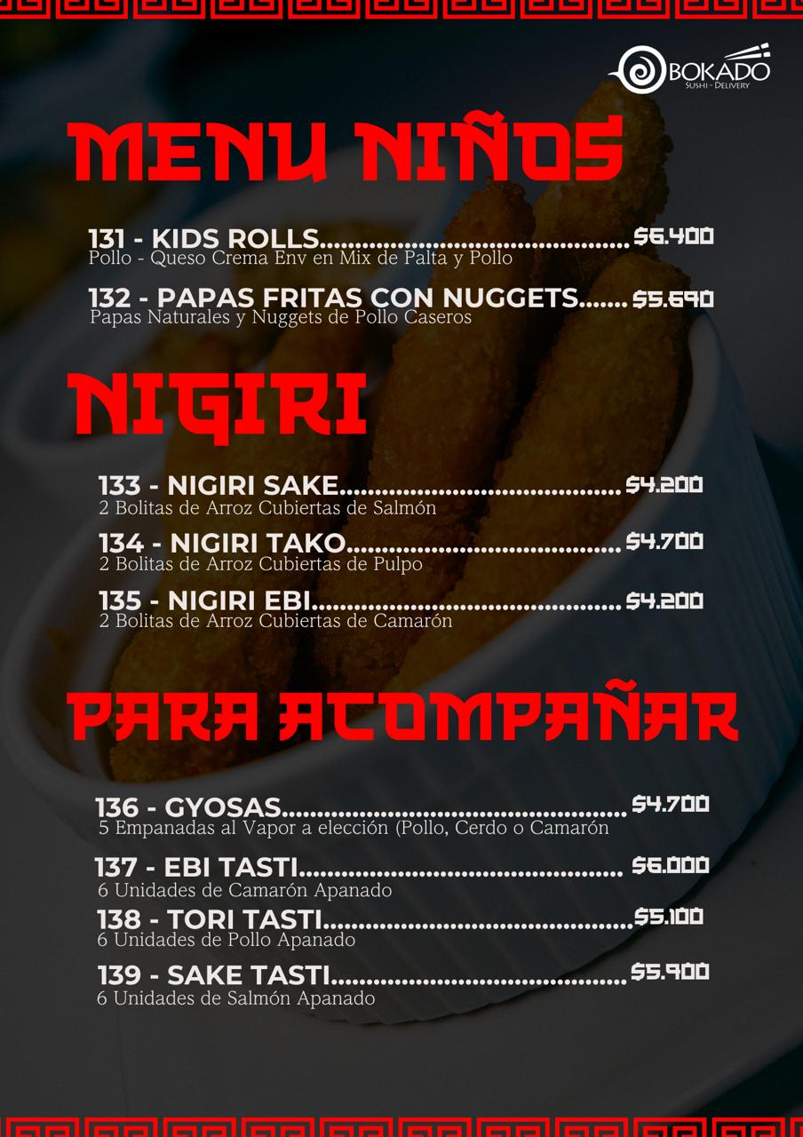 Menú para niños, nigiri y acompañamientos